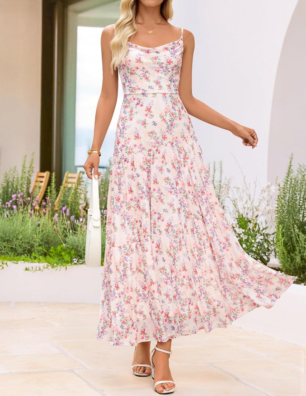 imageZESICA Womens Summer Floral Sleeveless Maxi Dress 2026 Boho Mesh Spaghetti Strap Flowy Beach Wedding Guest Long DressesApricot