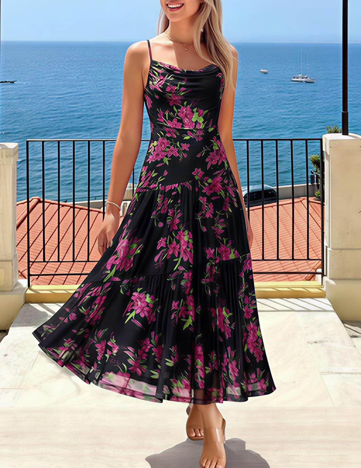 imageZESICA Womens Summer Floral Sleeveless Maxi Dress 2026 Boho Mesh Spaghetti Strap Flowy Beach Wedding Guest Long DressesBlack