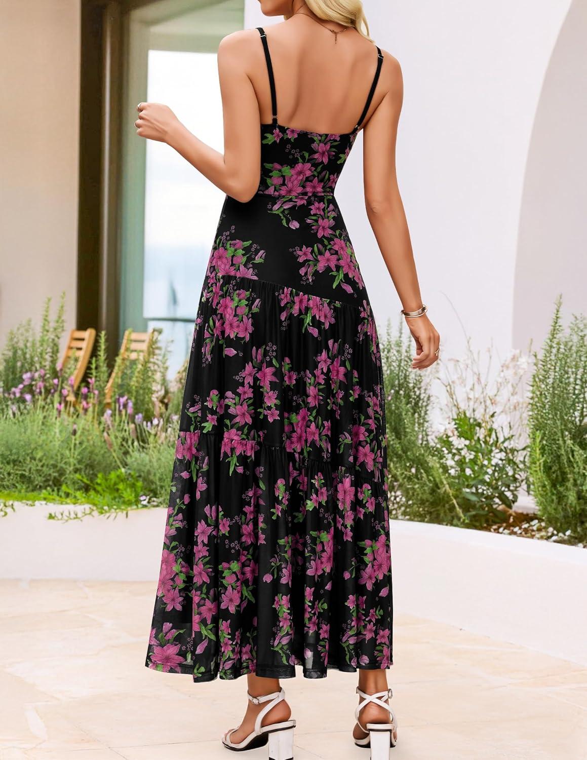 imageZESICA Womens Summer Floral Sleeveless Maxi Dress 2026 Boho Mesh Spaghetti Strap Flowy Beach Wedding Guest Long DressesBlack