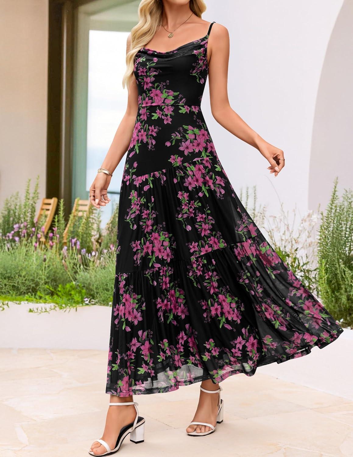 imageZESICA Womens Summer Floral Sleeveless Maxi Dress 2026 Boho Mesh Spaghetti Strap Flowy Beach Wedding Guest Long DressesBlack