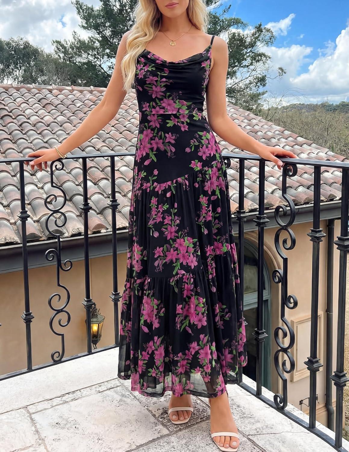 imageZESICA Womens Summer Floral Sleeveless Maxi Dress 2026 Boho Mesh Spaghetti Strap Flowy Beach Wedding Guest Long DressesBlack