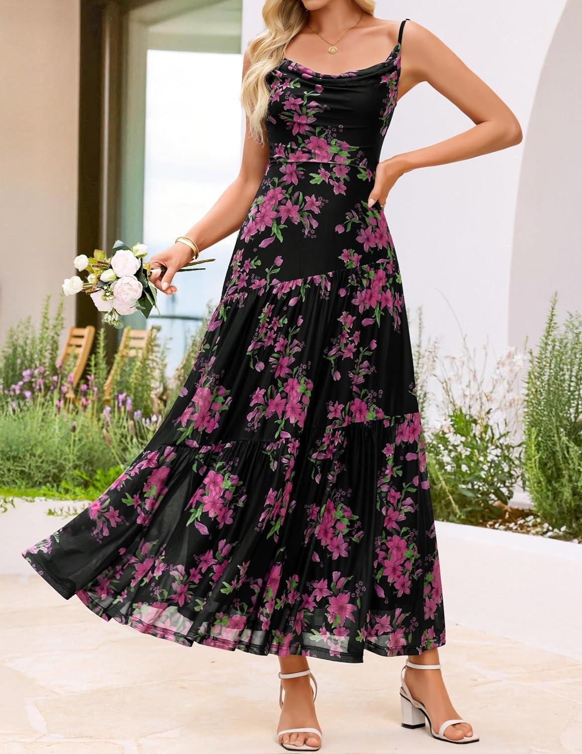 imageZESICA Womens Summer Floral Sleeveless Maxi Dress 2026 Boho Mesh Spaghetti Strap Flowy Beach Wedding Guest Long DressesBlack