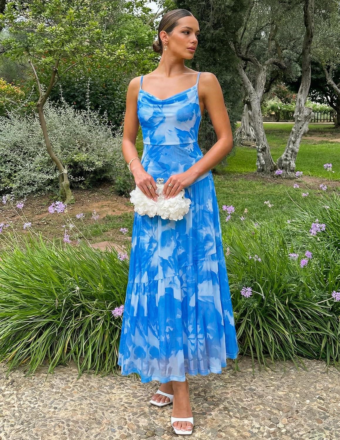 imageZESICA Womens Summer Floral Sleeveless Maxi Dress 2026 Boho Mesh Spaghetti Strap Flowy Beach Wedding Guest Long DressesBlue