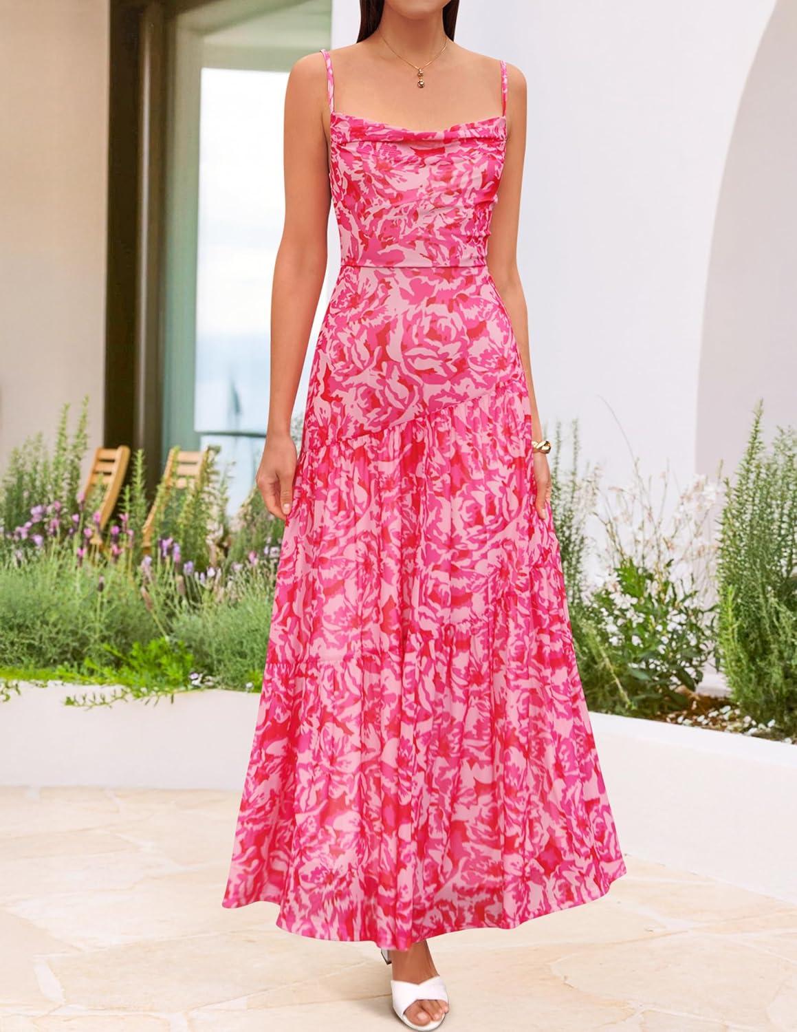 imageZESICA Womens Summer Floral Sleeveless Maxi Dress 2026 Boho Mesh Spaghetti Strap Flowy Beach Wedding Guest Long DressesRose