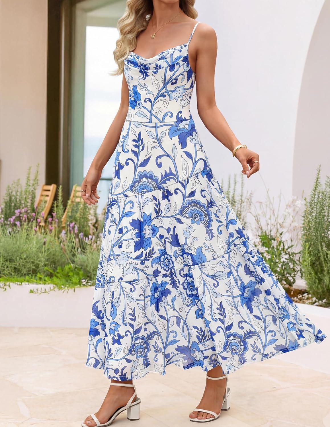 imageZESICA Womens Summer Floral Sleeveless Maxi Dress 2026 Boho Mesh Spaghetti Strap Flowy Beach Wedding Guest Long DressesWhiteblue