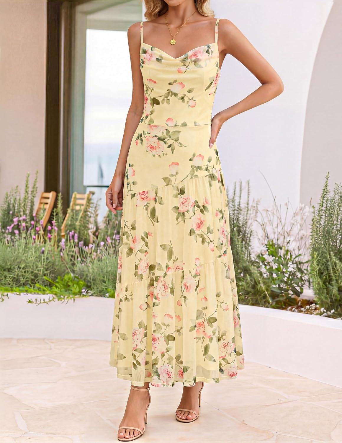 imageZESICA Womens Summer Floral Sleeveless Maxi Dress 2026 Boho Mesh Spaghetti Strap Flowy Beach Wedding Guest Long DressesYellow