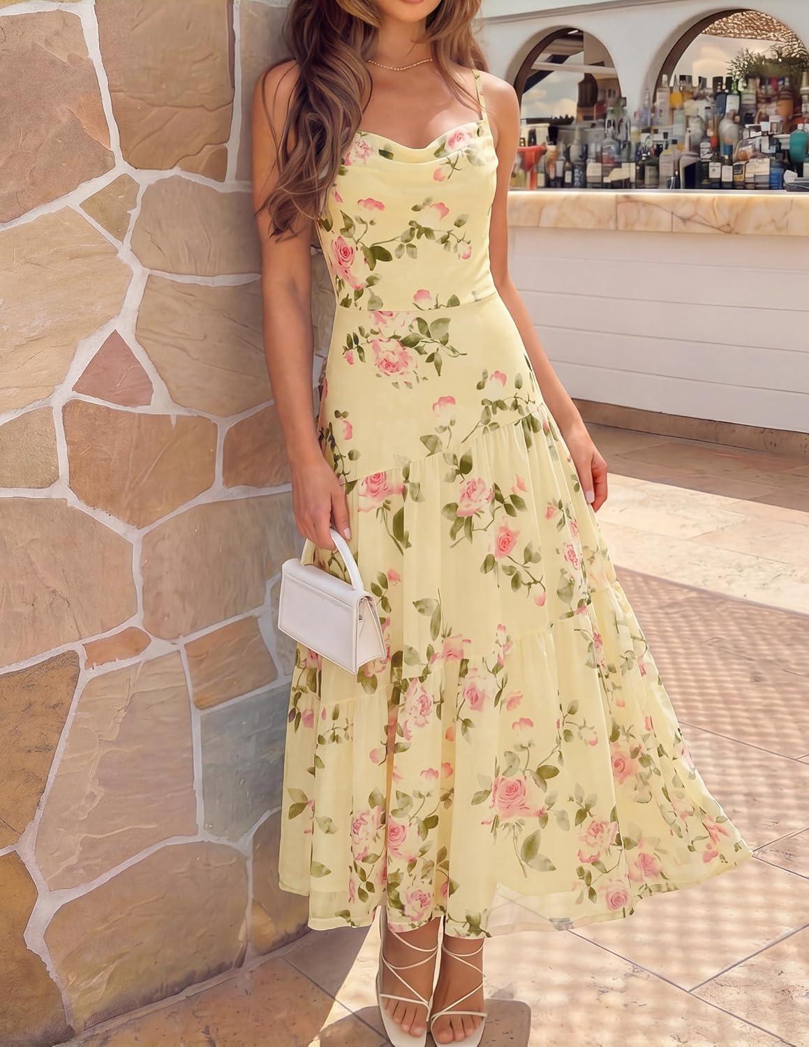 imageZESICA Womens Summer Floral Sleeveless Maxi Dress 2026 Boho Mesh Spaghetti Strap Flowy Beach Wedding Guest Long DressesYellow