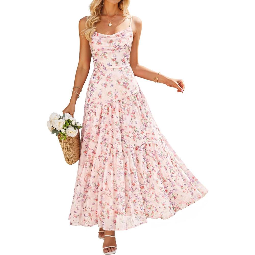 imageZESICA Womens Summer Floral Sleeveless Maxi Dress 2026 Boho Mesh Spaghetti Strap Flowy Beach Wedding Guest Long DressesApricot