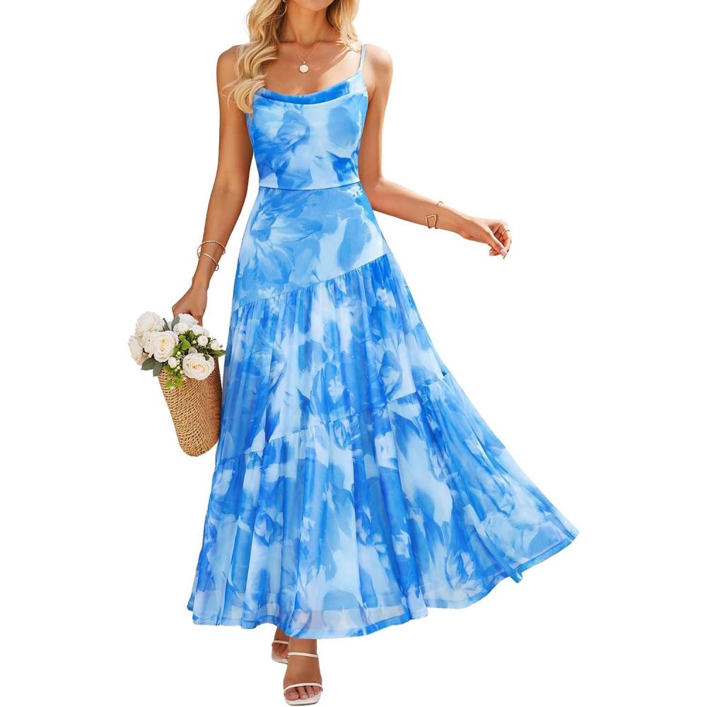 imageZESICA Womens Summer Floral Sleeveless Maxi Dress 2026 Boho Mesh Spaghetti Strap Flowy Beach Wedding Guest Long DressesBlue