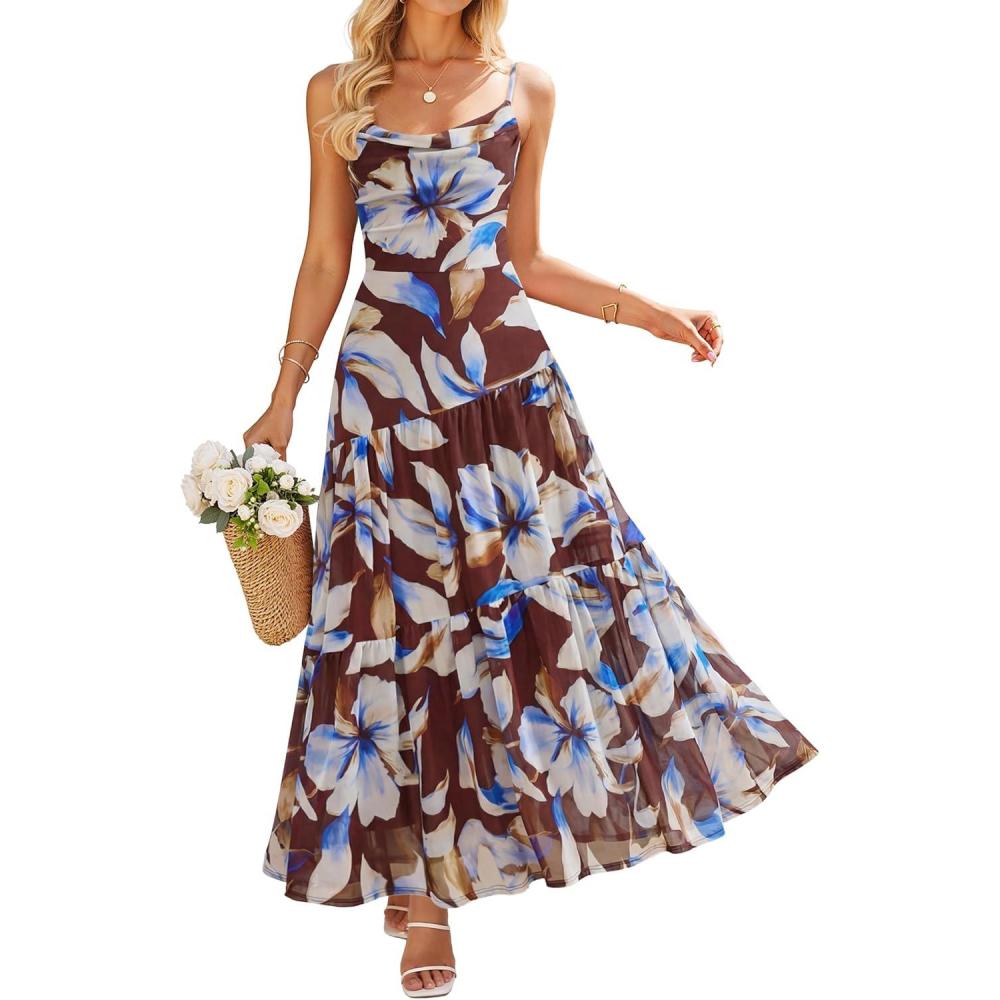 imageZESICA Womens Summer Floral Sleeveless Maxi Dress 2026 Boho Mesh Spaghetti Strap Flowy Beach Wedding Guest Long DressesBrown