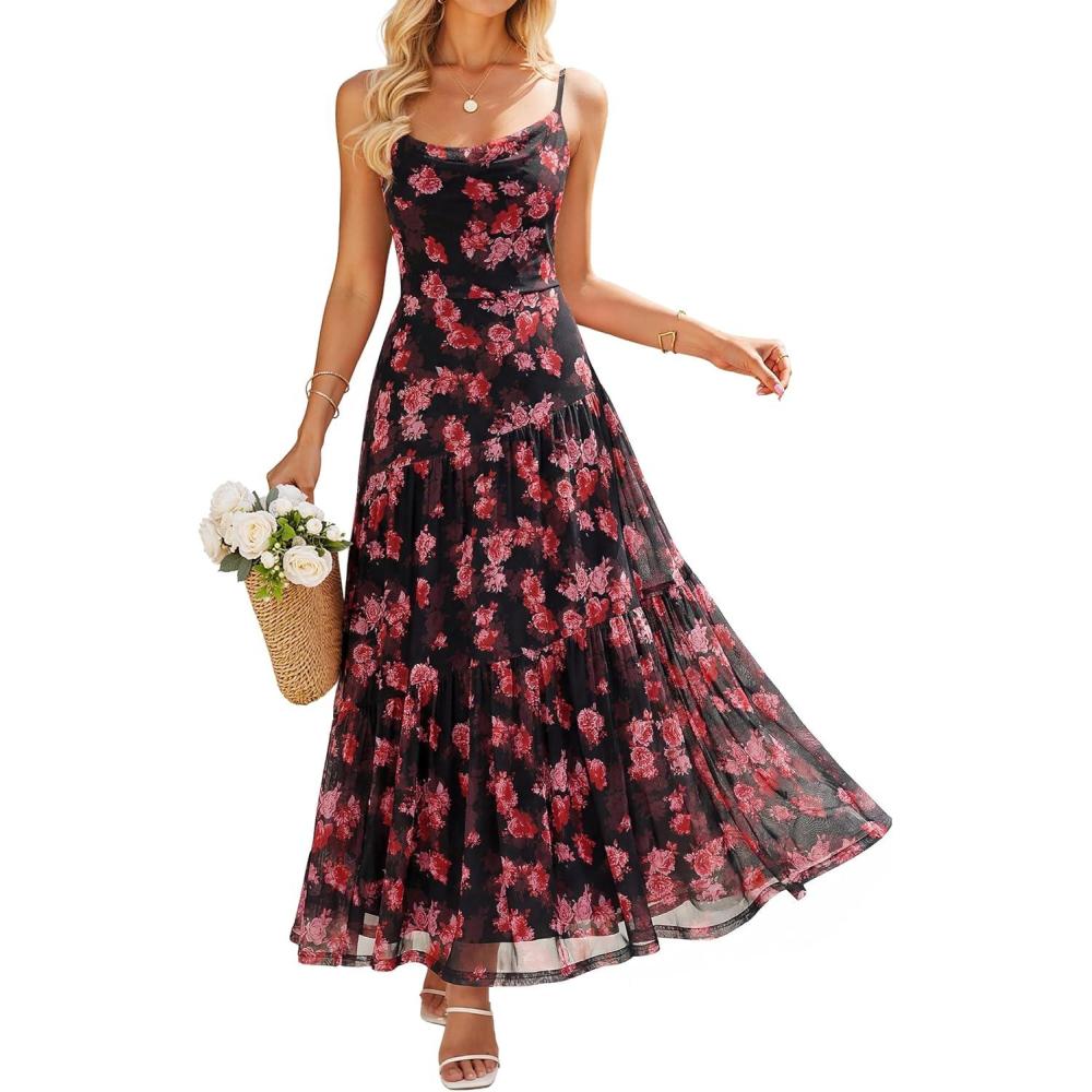 imageZESICA Womens Summer Floral Sleeveless Maxi Dress 2026 Boho Mesh Spaghetti Strap Flowy Beach Wedding Guest Long DressesNewblack
