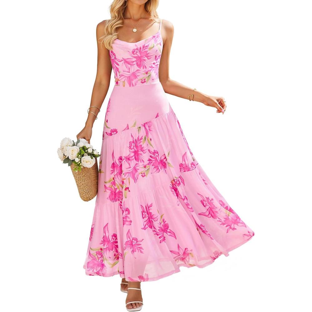 imageZESICA Womens Summer Floral Sleeveless Maxi Dress 2026 Boho Mesh Spaghetti Strap Flowy Beach Wedding Guest Long DressesPink