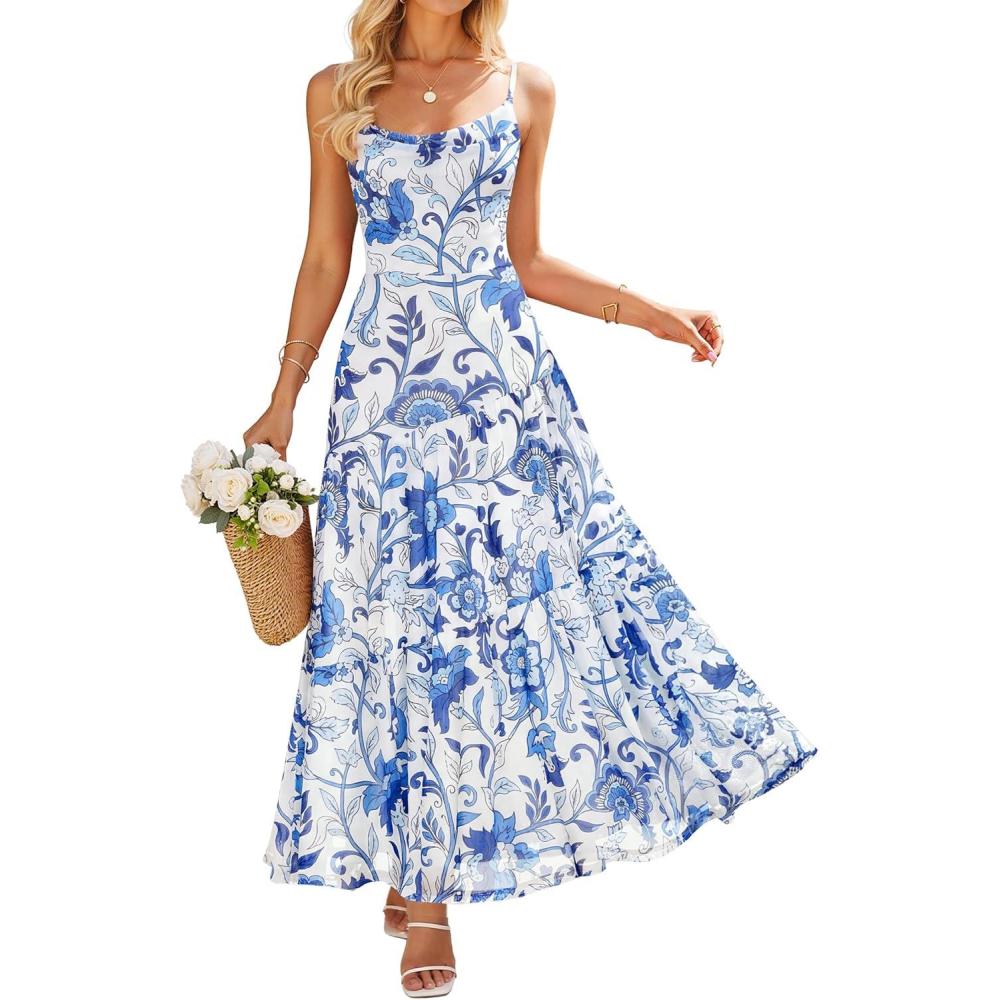 imageZESICA Womens Summer Floral Sleeveless Maxi Dress 2026 Boho Mesh Spaghetti Strap Flowy Beach Wedding Guest Long DressesWhiteblue