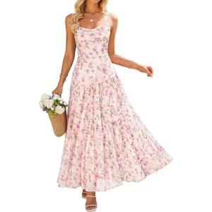 ZESICA Women’s Summer Floral Sleeveless Maxi Dress 2026 Boho Mesh Spaghetti Strap Flowy Beach Wedding Guest Long Dresses(Apricot)