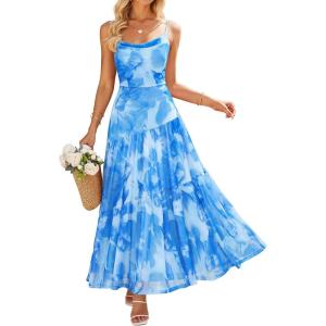 ZESICA Women’s Summer Floral Sleeveless Maxi Dress 2026 Boho Mesh Spaghetti Strap Flowy Beach Wedding Guest Long Dresses(Blue)