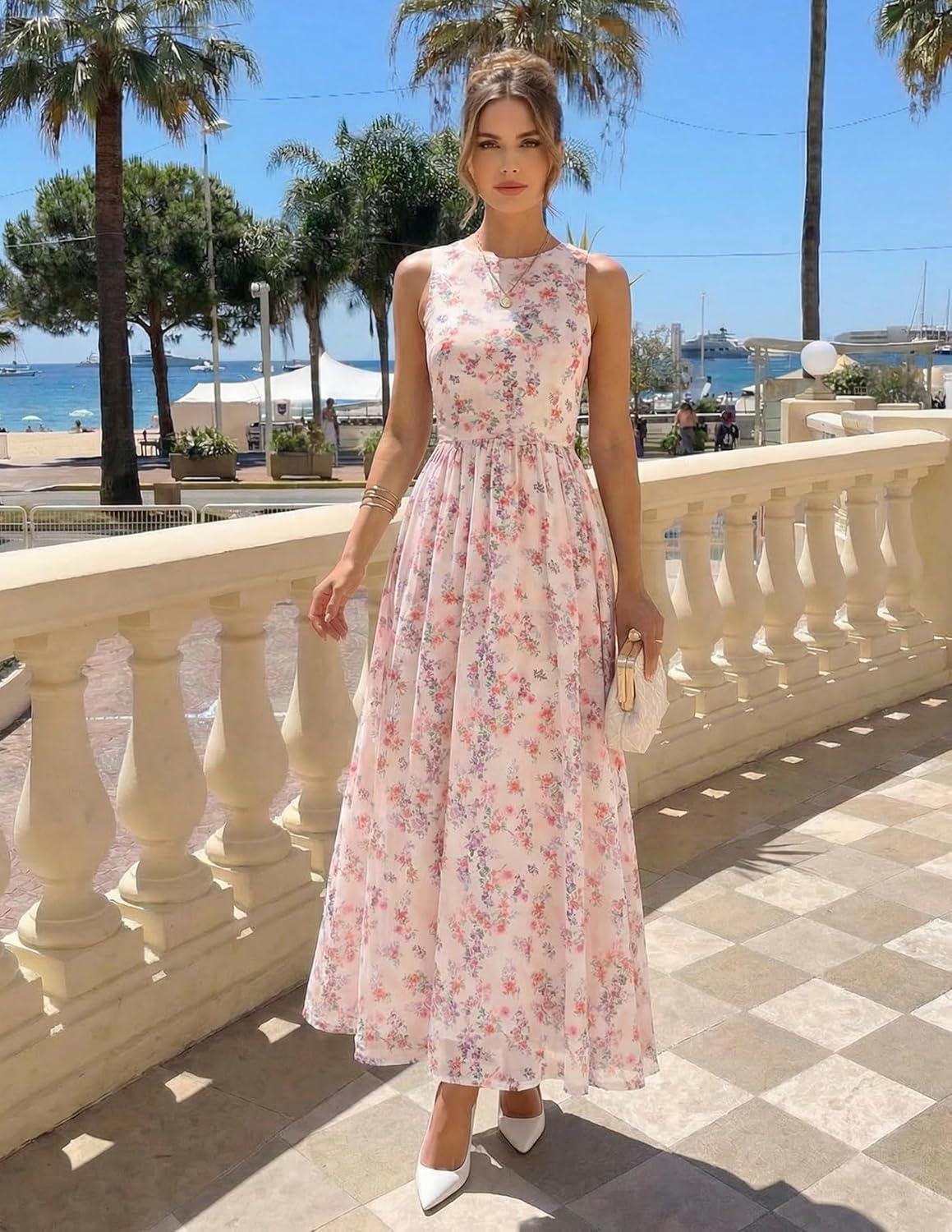 imageZESICA Womens Summer Sleeveless Floral Maxi Dress 2026 Casual Crewneck Mesh A Line Flowy Boho Beach Party Long DressesApricot