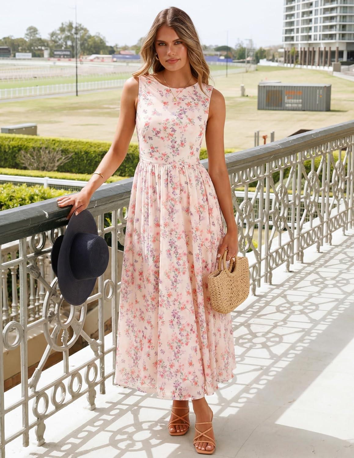 imageZESICA Womens Summer Sleeveless Floral Maxi Dress 2026 Casual Crewneck Mesh A Line Flowy Boho Beach Party Long DressesApricot