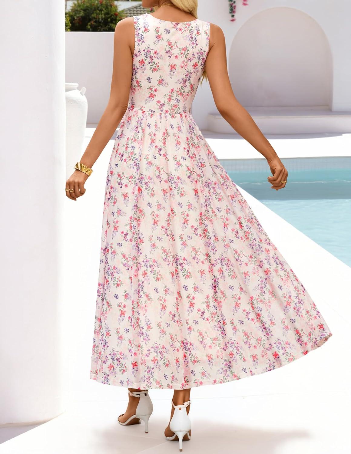 imageZESICA Womens Summer Sleeveless Floral Maxi Dress 2026 Casual Crewneck Mesh A Line Flowy Boho Beach Party Long DressesApricot