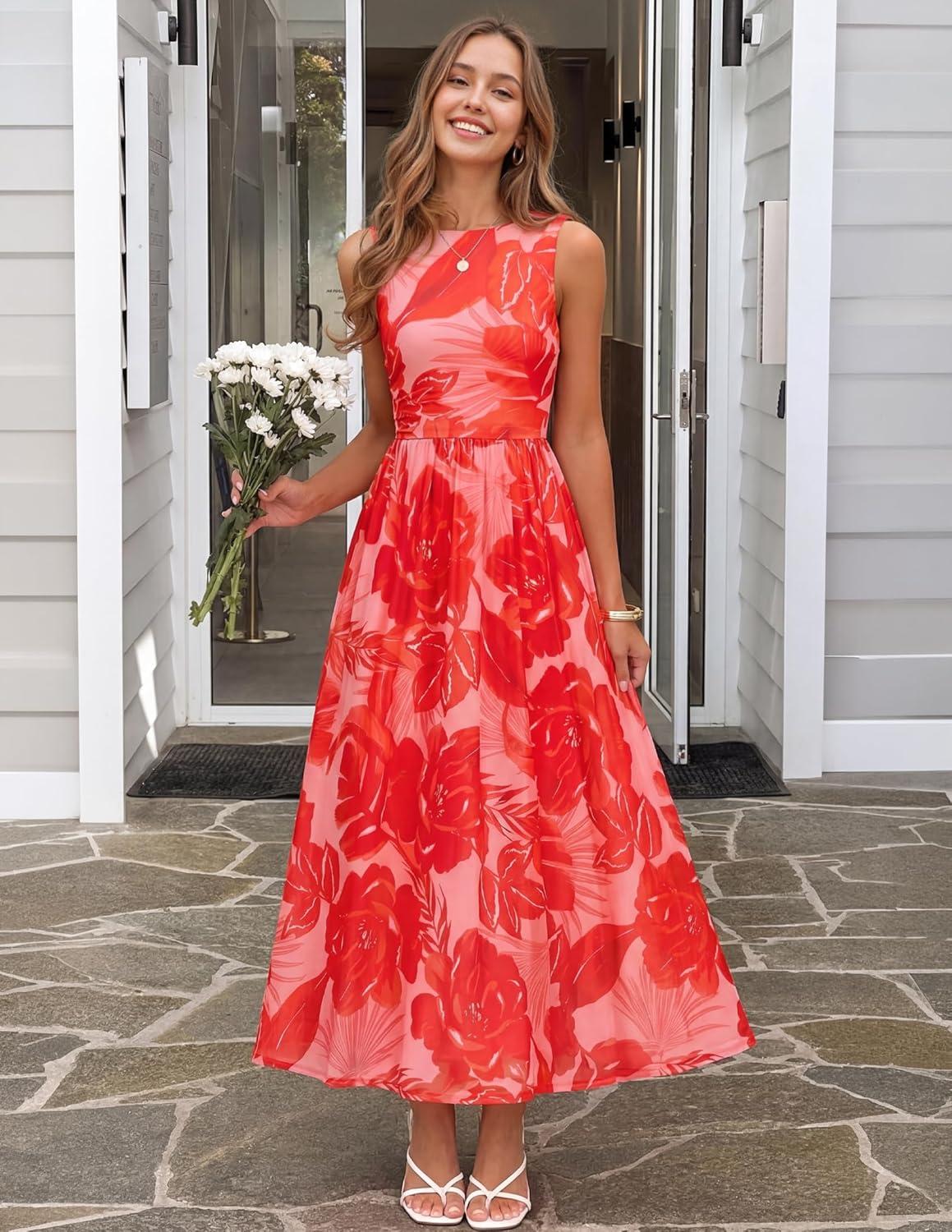 imageZESICA Womens Summer Sleeveless Floral Maxi Dress 2026 Casual Crewneck Mesh A Line Flowy Boho Beach Party Long DressesRed