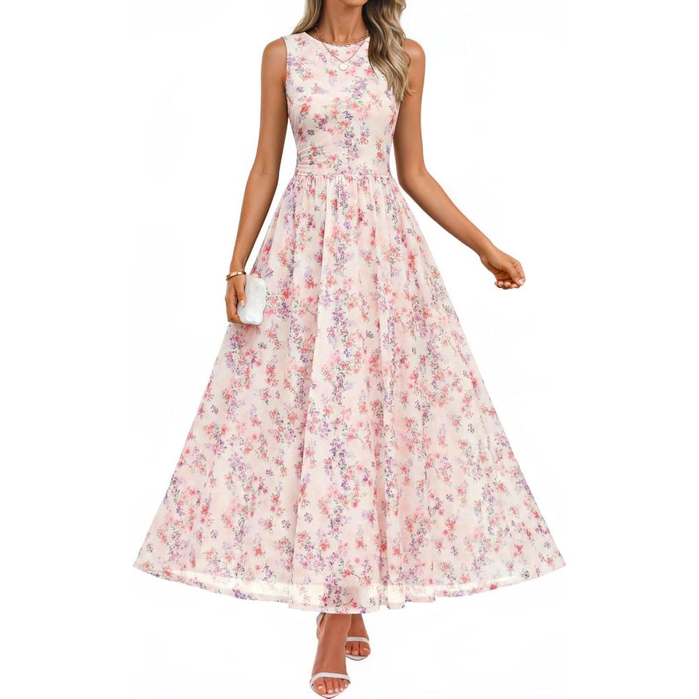 imageZESICA Womens Summer Sleeveless Floral Maxi Dress 2026 Casual Crewneck Mesh A Line Flowy Boho Beach Party Long DressesApricot