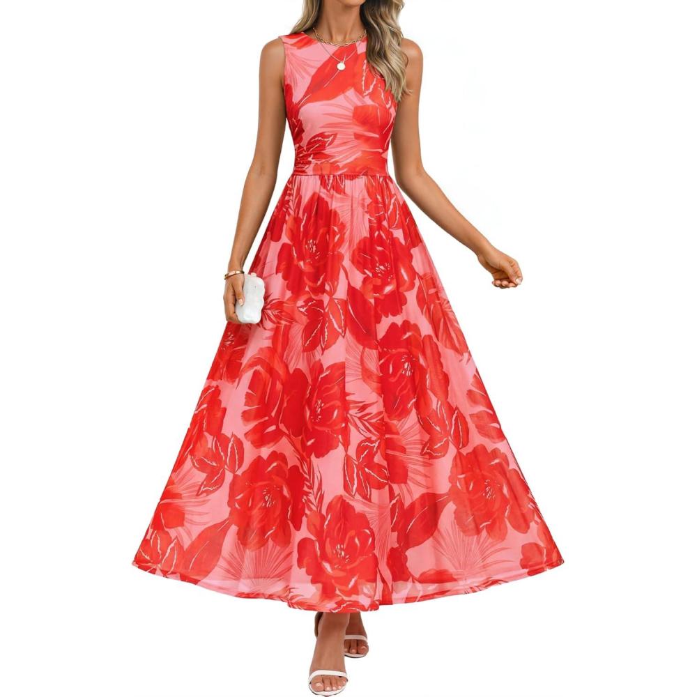 imageZESICA Womens Summer Sleeveless Floral Maxi Dress 2026 Casual Crewneck Mesh A Line Flowy Boho Beach Party Long DressesRed