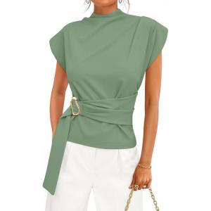 ZESICA Women’s 2026 Summer Cap Sleeve Blouse Mock Neck Business Casual Tops Spring Dressy Tunic Work Shirts(Green)