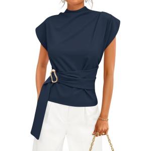 ZESICA Women’s 2026 Summer Cap Sleeve Blouse Mock Neck Business Casual Tops Spring Dressy Tunic Work Shirts(Navy)