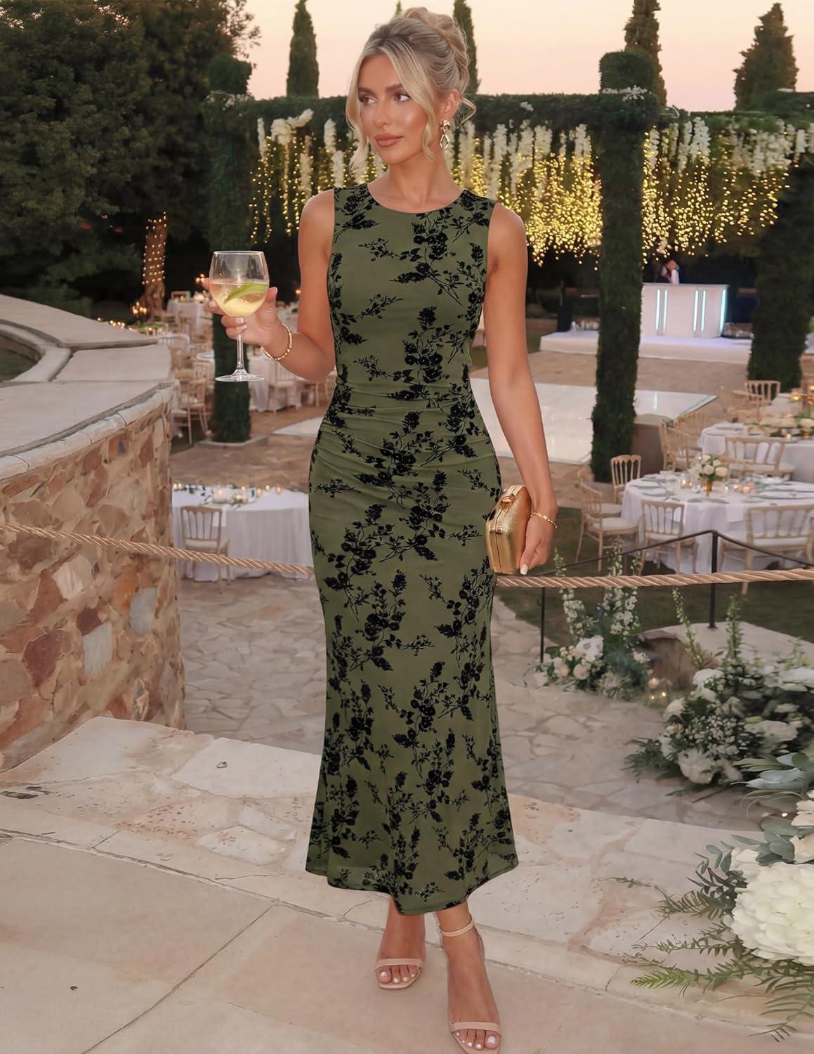 imageZESICA Womens Sleeveless Floral Bodycon Maxi Dress 2026 Summer Ruched Mesh Wedding Guest Cocktail Party DressesArmy