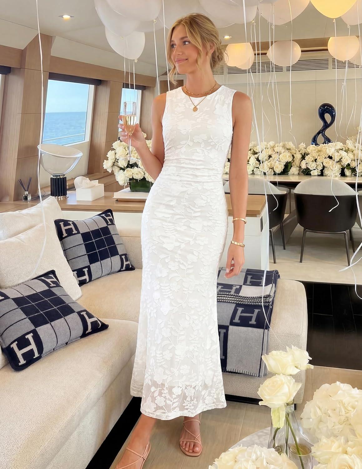 imageZESICA Womens Sleeveless Floral Bodycon Maxi Dress 2026 Summer Ruched Mesh Wedding Guest Cocktail Party DressesIvory