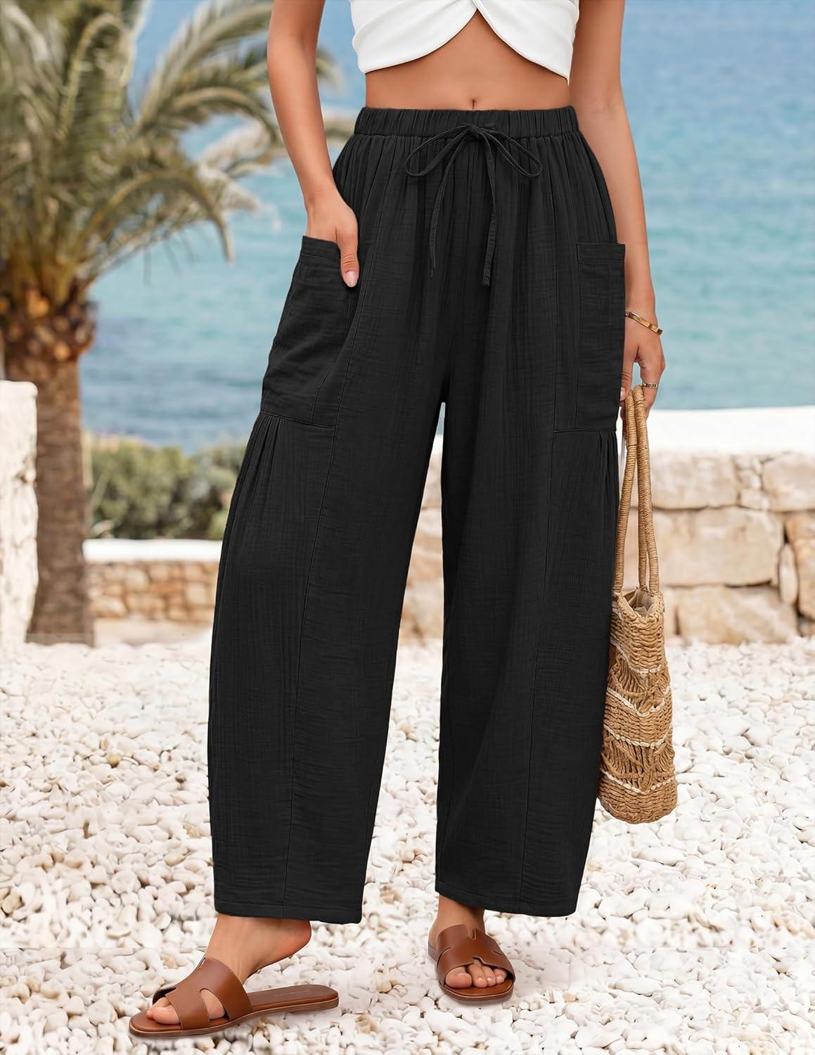 imageZESICA Womens Striped Wide Leg Palazzo Harem Pants 2026 Summer Drawstring Baggy Lounge Beach Travel Trousers with PocketsBlack