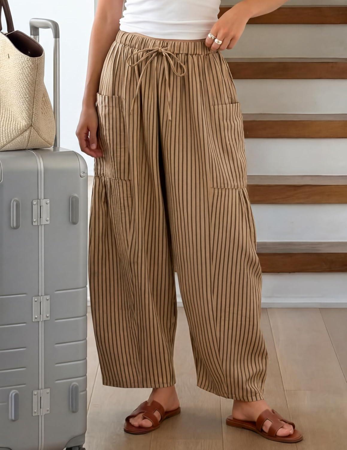imageZESICA Womens Striped Wide Leg Palazzo Harem Pants 2026 Summer Drawstring Baggy Lounge Beach Travel Trousers with PocketsKhaki