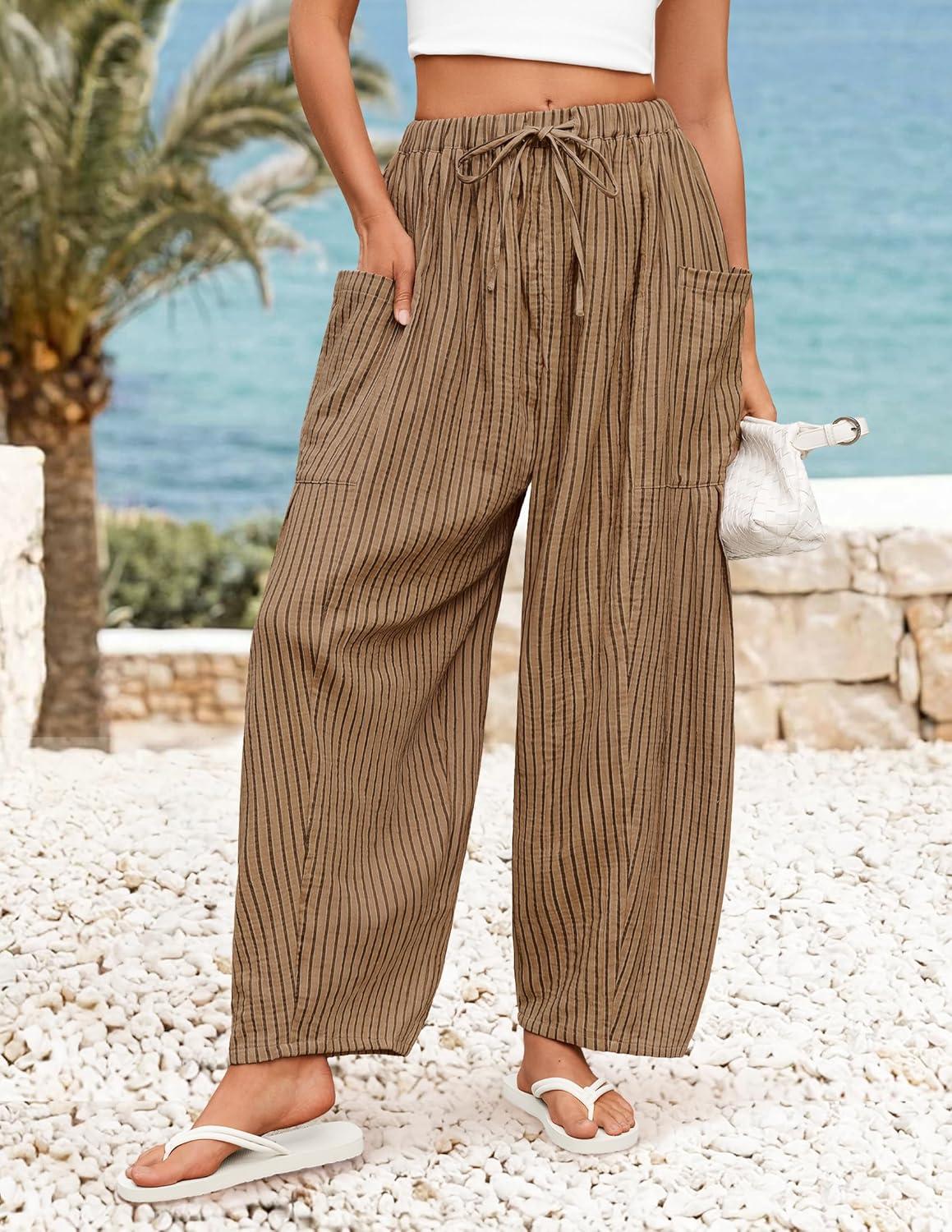 imageZESICA Womens Striped Wide Leg Palazzo Harem Pants 2026 Summer Drawstring Baggy Lounge Beach Travel Trousers with PocketsKhaki
