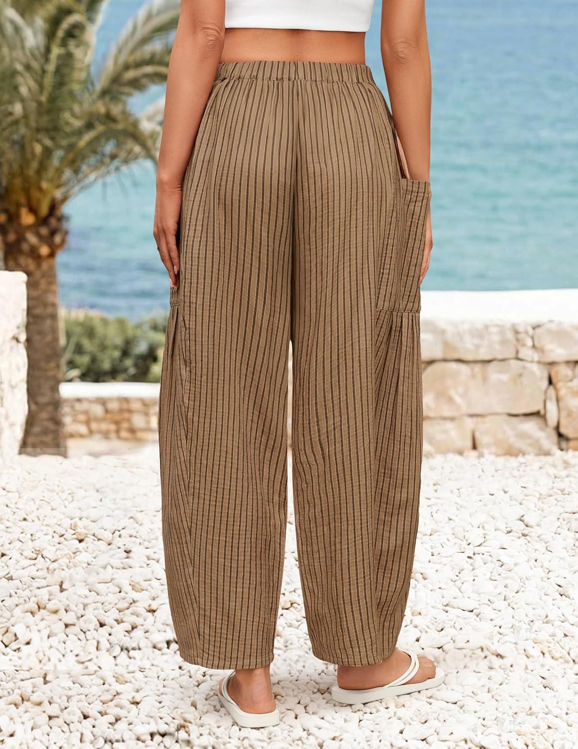 imageZESICA Womens Striped Wide Leg Palazzo Harem Pants 2026 Summer Drawstring Baggy Lounge Beach Travel Trousers with PocketsKhaki