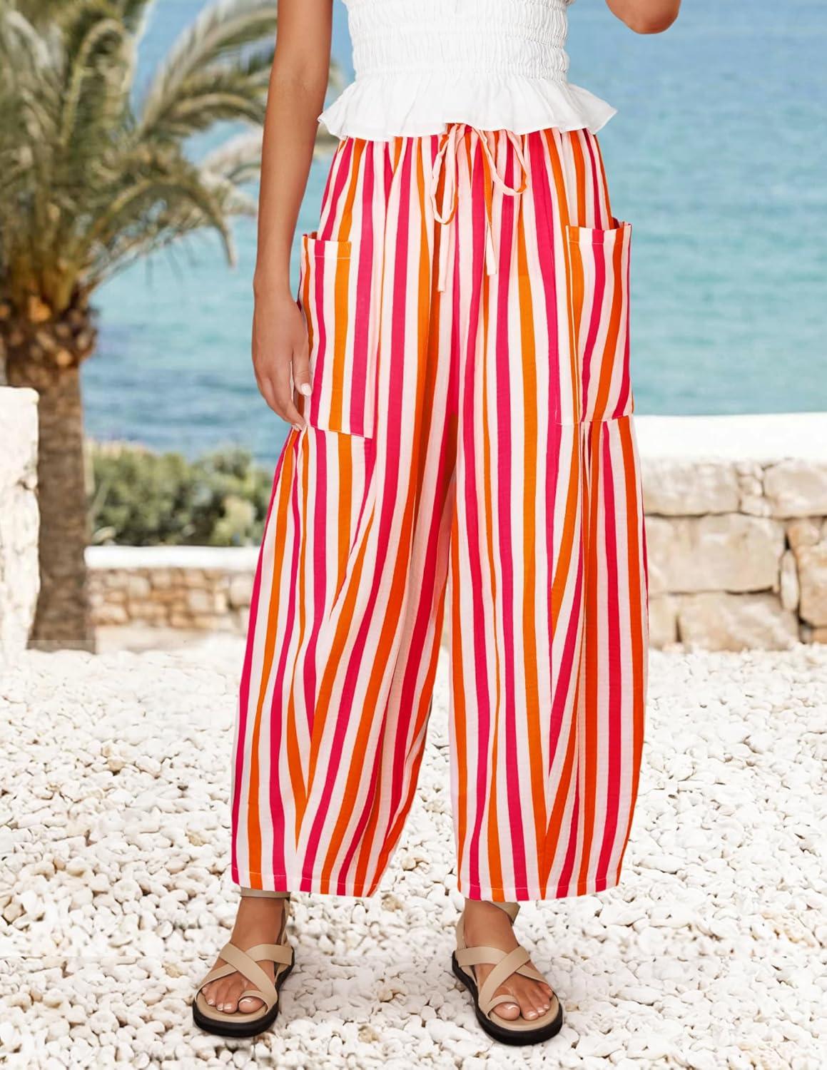 imageZESICA Womens Striped Wide Leg Palazzo Harem Pants 2026 Summer Drawstring Baggy Lounge Beach Travel Trousers with PocketsRose