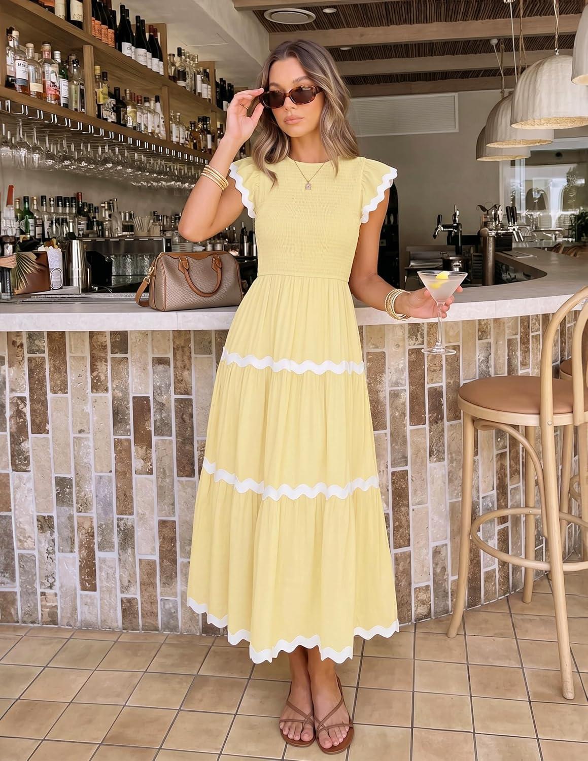 imageZESICA Womens Summer Casual Smocked Midi Dress 2026 Flutter Short Sleeve High Waist Tiered Flowy Boho Vacation DressesLightyellow