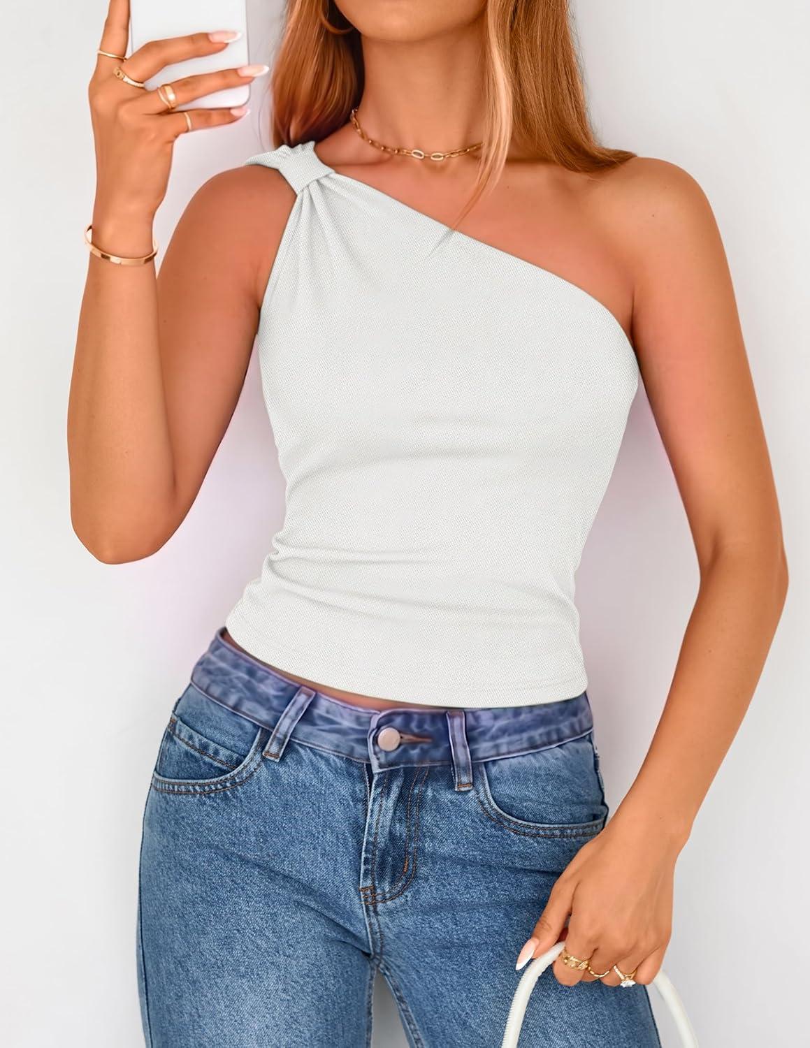 imageZESICA Womens Summer One Shoulder Going Out Tops 2026 Trendy Sleeveless Fitted Fashion Floral Y2K ShirtsSolidwhite