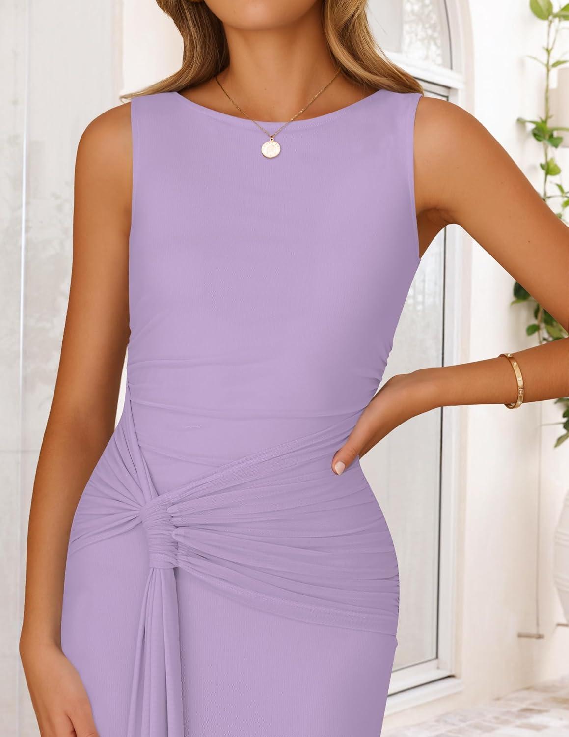 imageZESICA Womens Summer Sleeveless Bodycon Dress 2026 Crewneck Ruched Sexy Mesh Wedding Guest Cocktail Party Maxi DressesPurple