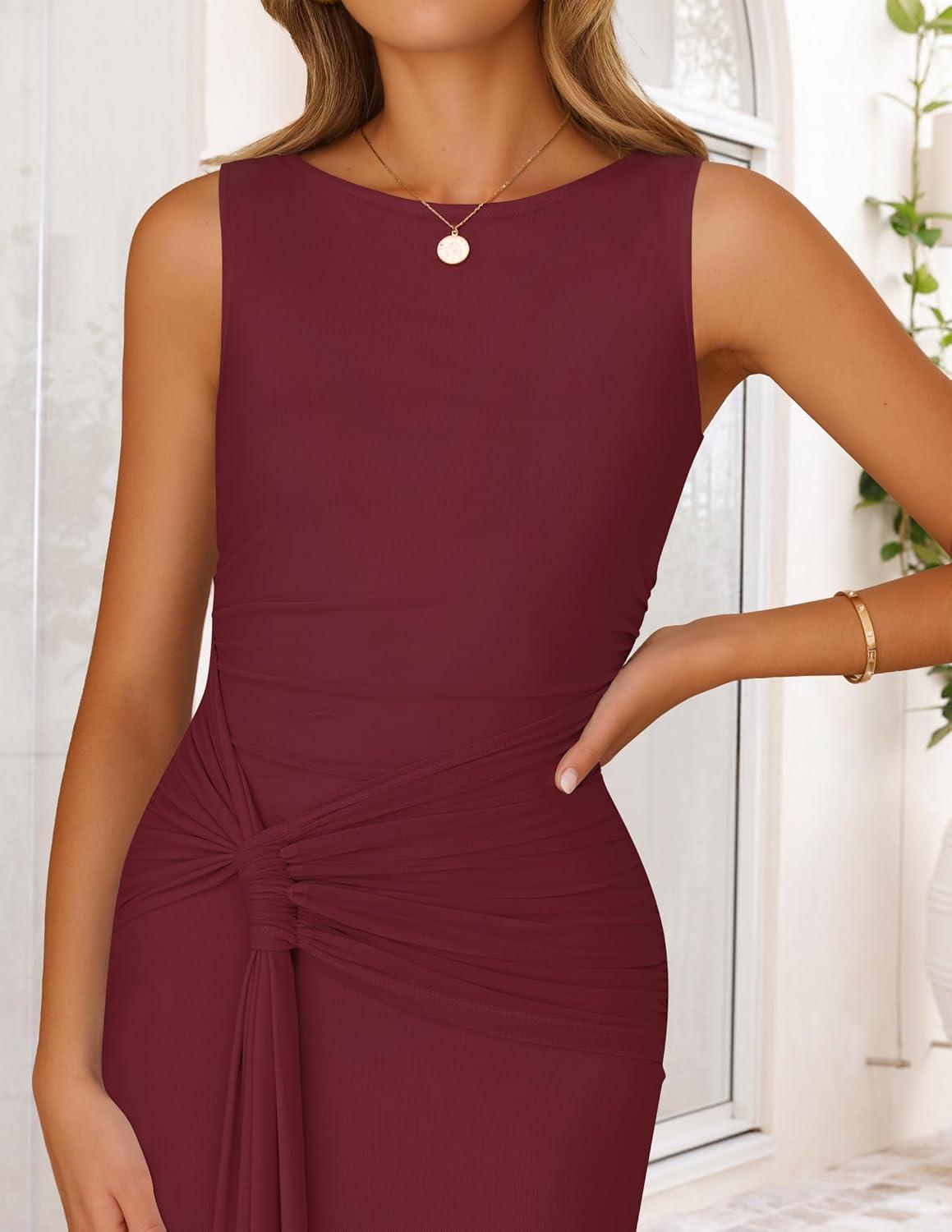 imageZESICA Womens Summer Sleeveless Bodycon Dress 2026 Crewneck Ruched Sexy Mesh Wedding Guest Cocktail Party Maxi DressesWine