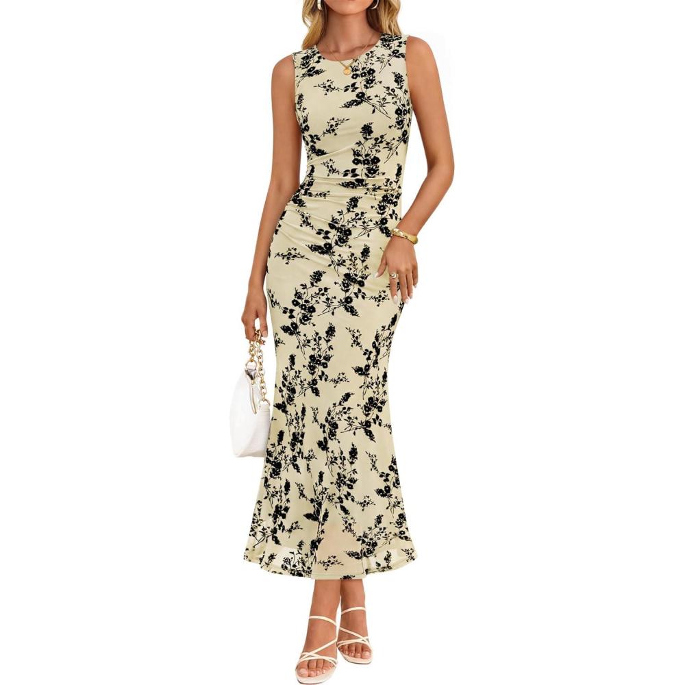 imageZESICA Womens Sleeveless Floral Bodycon Maxi Dress 2026 Summer Ruched Mesh Wedding Guest Cocktail Party DressesApricot