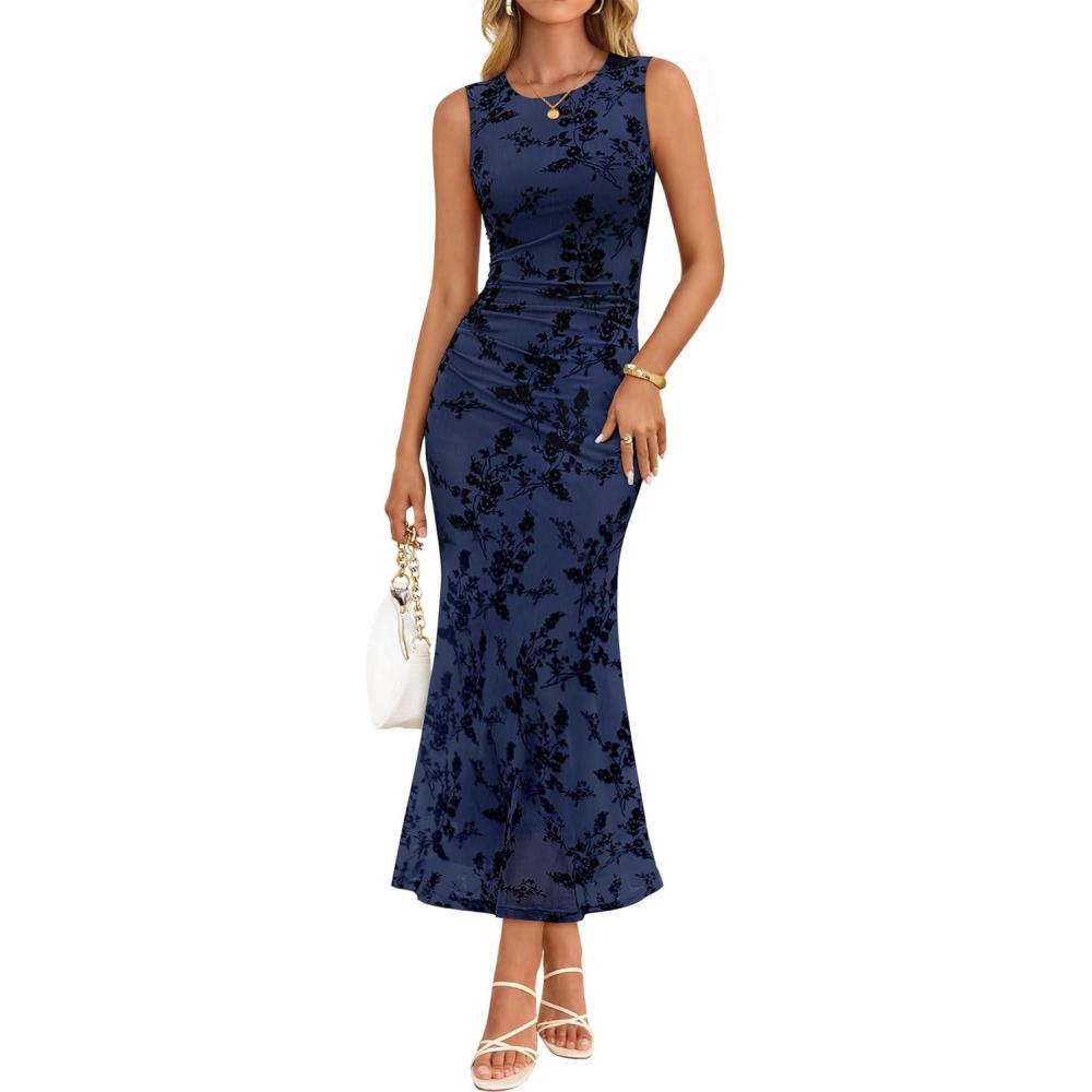 imageZESICA Womens Sleeveless Floral Bodycon Maxi Dress 2026 Summer Ruched Mesh Wedding Guest Cocktail Party DressesNavy