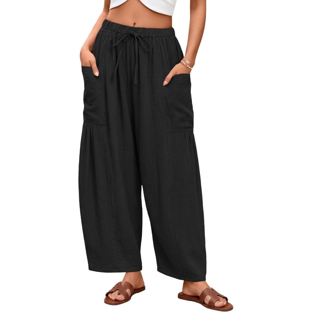 imageZESICA Womens Striped Wide Leg Palazzo Harem Pants 2026 Summer Drawstring Baggy Lounge Beach Travel Trousers with PocketsBlack