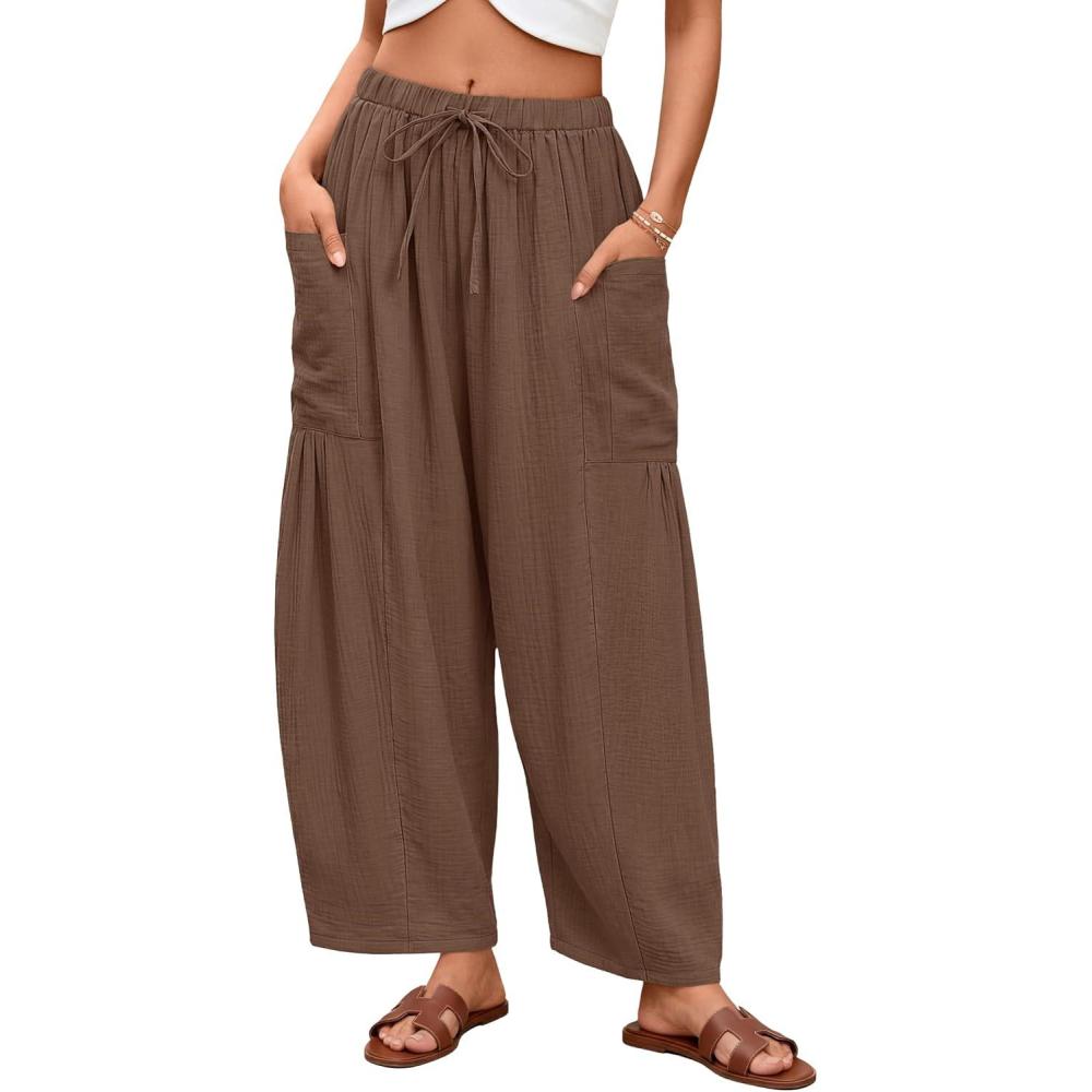 imageZESICA Womens Striped Wide Leg Palazzo Harem Pants 2026 Summer Drawstring Baggy Lounge Beach Travel Trousers with PocketsCoffee