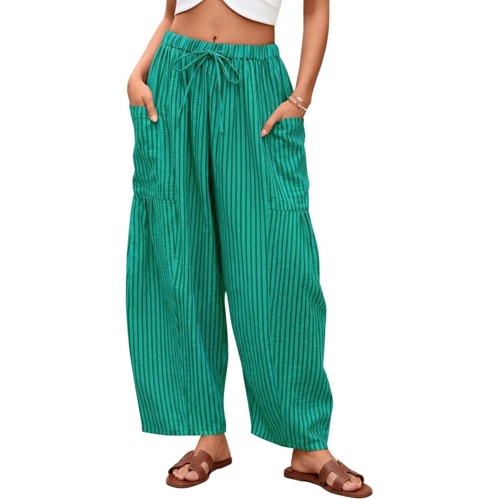 imageZESICA Womens Striped Wide Leg Palazzo Harem Pants 2026 Summer Drawstring Baggy Lounge Beach Travel Trousers with PocketsGreen