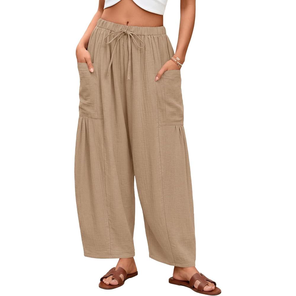 imageZESICA Womens Striped Wide Leg Palazzo Harem Pants 2026 Summer Drawstring Baggy Lounge Beach Travel Trousers with PocketsLightkhaki