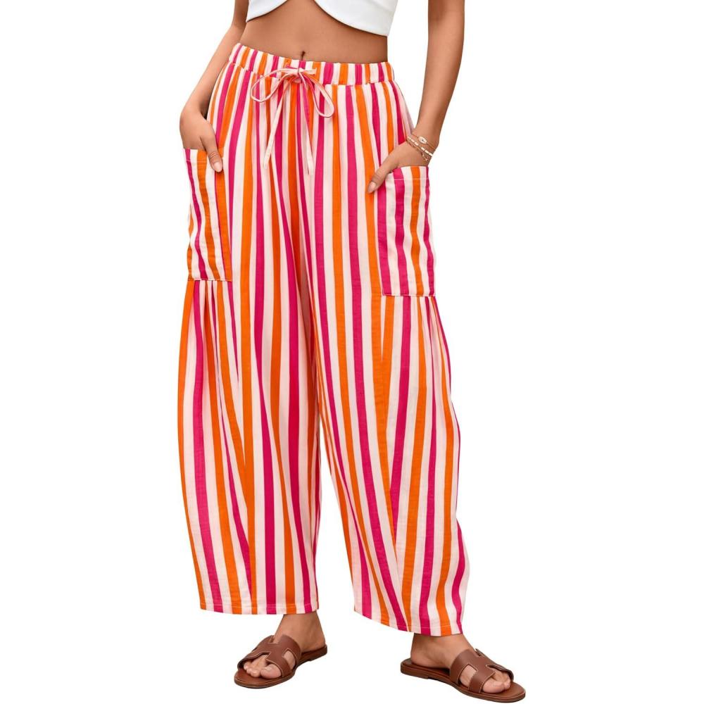 imageZESICA Womens Striped Wide Leg Palazzo Harem Pants 2026 Summer Drawstring Baggy Lounge Beach Travel Trousers with PocketsRose