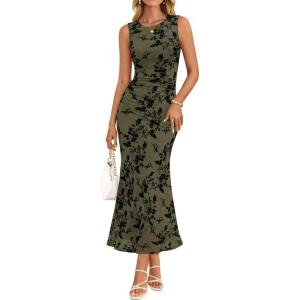 ZESICA Women’s Sleeveless Floral Bodycon Maxi Dress 2026 Summer Ruched Mesh Wedding Guest Cocktail Party Dresses(Army)