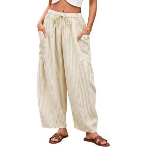 ZESICA Women’s Striped Wide Leg Palazzo Harem Pants 2026 Summer Drawstring Baggy Lounge Beach Travel Trousers with Pockets(Apricot)