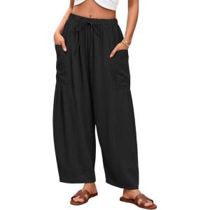 ZESICA Women’s Striped Wide Leg Palazzo Harem Pants 2026 Summer Drawstring Baggy Lounge Beach Travel Trousers with Pockets(Black)