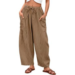 ZESICA Women’s Striped Wide Leg Palazzo Harem Pants 2026 Summer Drawstring Baggy Lounge Beach Travel Trousers with Pockets(Khaki)