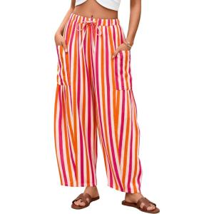 ZESICA Women’s Striped Wide Leg Palazzo Harem Pants 2026 Summer Drawstring Baggy Lounge Beach Travel Trousers with Pockets(Rose)